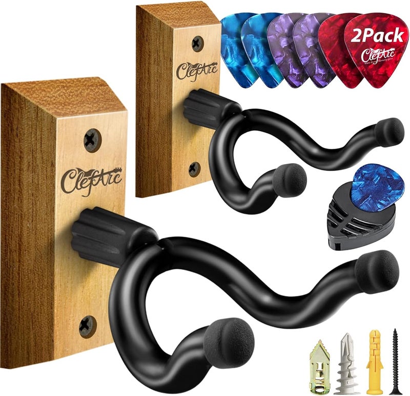 ClefArc Guitar Wall Mount Teak - 2 Pack U-Shape Wall Hangers, Guitar Picks, Pick Holder, Stand, Wood Instrument Hanger, Gifts for Guitarists - Image 1